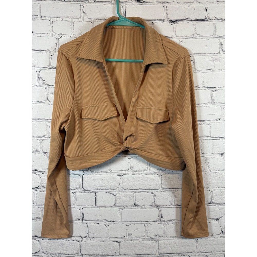 SHEIN Crop Top Shirt Jacket Collared Long Sleeve Twist‎ Front Tan Size 2X